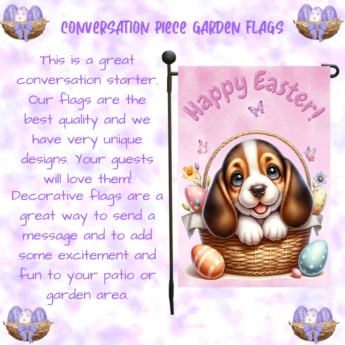Basset Hound Dog Spring Easter Garden Flag Puppy Bunny Ears Eggs Outdoor Decor 12x18 Inch Single Side and Double Sided