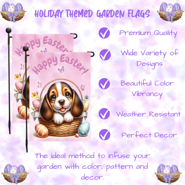 Basset Hound Dog Spring Easter Garden Flag Puppy Bunny Ears Eggs Outdoor Decor 12x18 Inch Single Side and Double Sided