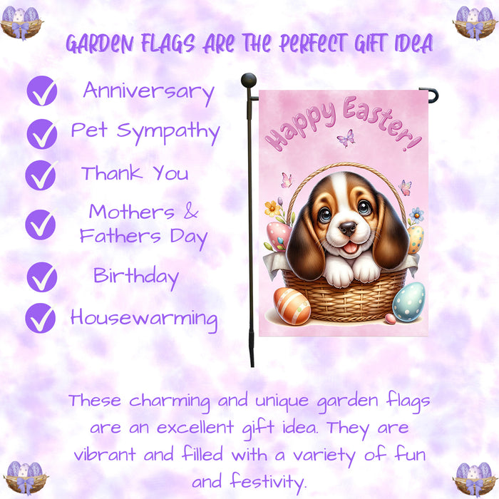 Basset Hound Dog Spring Easter Garden Flag Puppy Bunny Ears Eggs Outdoor Decor 12x18 Inch Single Side and Double Sided