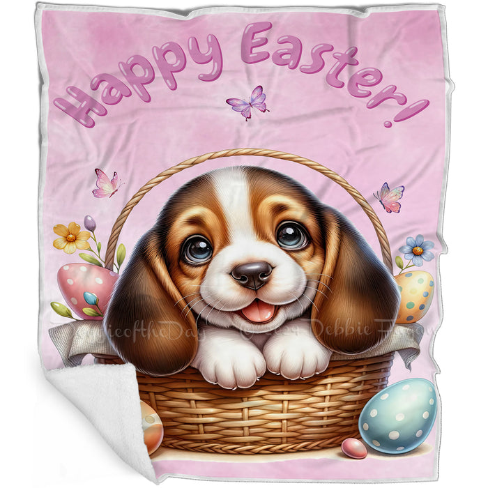 Easter Egg Hunt Basset Hound with Bunny Ears Happy Easter Holiday Blanket, EGHNTBLNKTDG00005
