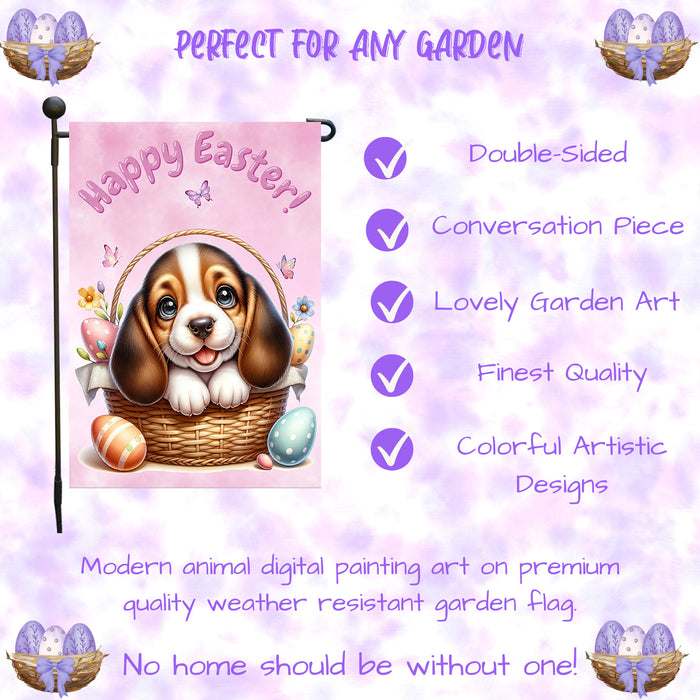 Basset Hound Dog Spring Easter Garden Flag Puppy Bunny Ears Eggs Outdoor Decor 12x18 Inch Single Side and Double Sided
