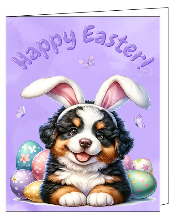 Happy Easter Bernese Mountain Dog 2 Greeting Cards, Spring Holiday Notecards Blank Inside Envelopes Included, Unique Easter Egg Cards for Dog Lovers
