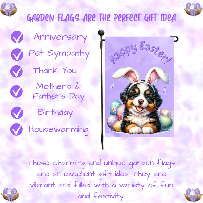 Bernese Mountain Dog Easter Garden Flag Dog Bunny Ears Eggs Spring Outdoor Décor 12x18 Inch Single Side and Double Sided