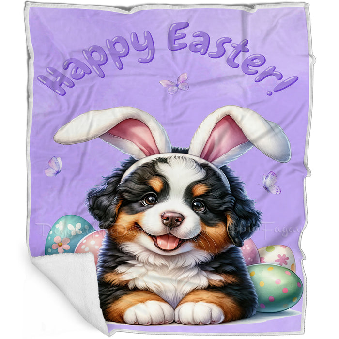 Easter Egg Hunt Bernese Mountain Dog  with Bunny Ears Happy Easter Holiday Blanket, EGHNTBLNKTDG00011