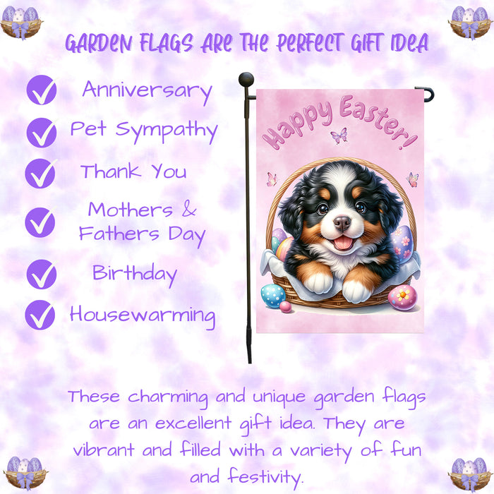Bernese Mountain Dog Farmhouse Easter Garden Flag Eggs Spring Outdoor Decor 12x18 Inch Single Side and Double Sided