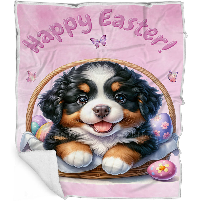 Easter Egg Hunt Bernese Mountain Dog with Bunny Ears Happy Easter Holiday Blanket, EGHNTBLNKTDG00010