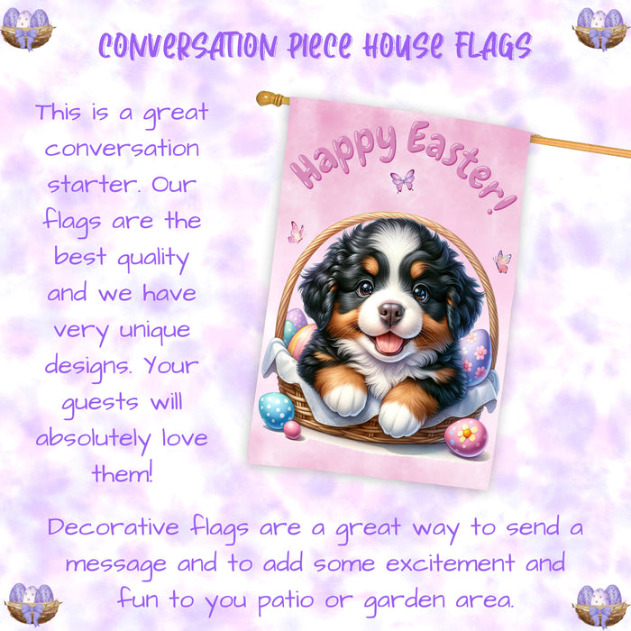 Bernese Mountain Dog Easter House Flag 28 x 40 Double Sided Spring Yard Decor