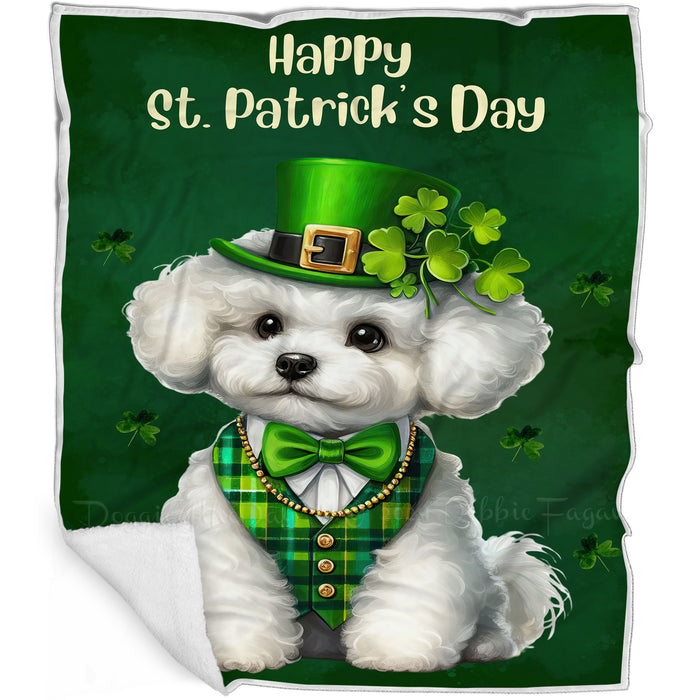 Bichon Frise St. Patrick's Irish Dog Blanket, Irish Woof Warmth, Fleece, Woven, Sherpa Blankets, Puppy with Hats, Gifts for Pet Lovers