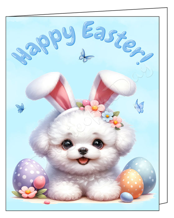 Happy Easter Bichon Frise 2 Greeting Cards, Spring Holiday Notecards Blank Inside Envelopes Included, Unique Easter Egg Cards for Dog Lovers