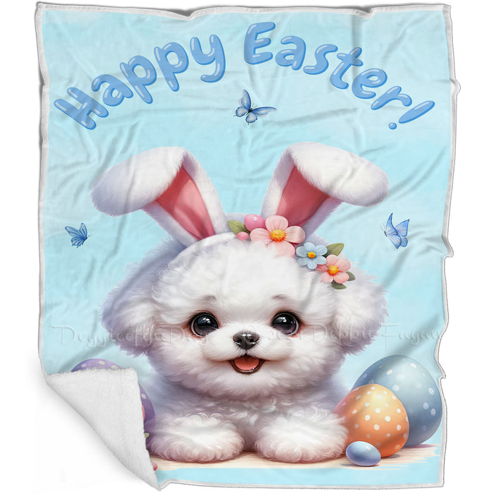Easter Egg Hunt Bichon Frise  with Bunny Ears Happy Easter Holiday Blanket, EGHNTBLNKTDG00013