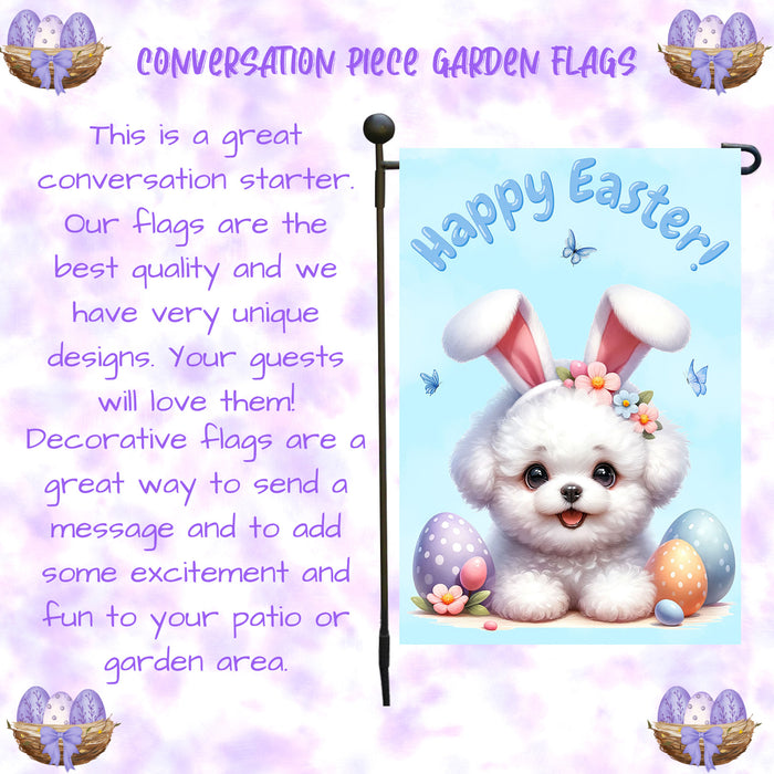 Bichon Frise Dog Easter Flag Bunny Ears Eggs Outdoor Garden Yard Decor Spring 12x18 Inch Single Side and Double Sided