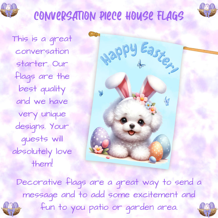 Bichon Frise Puppy Easter House Flag 28 x 40 Double Sided Spring Outdoor Yard Decor