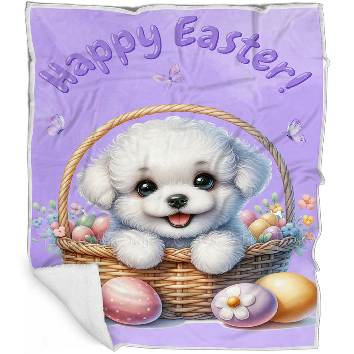 Easter Egg Hunt Bichon Frise with Bunny Ears Happy Easter Holiday Blanket, EGHNTBLNKTDG00012
