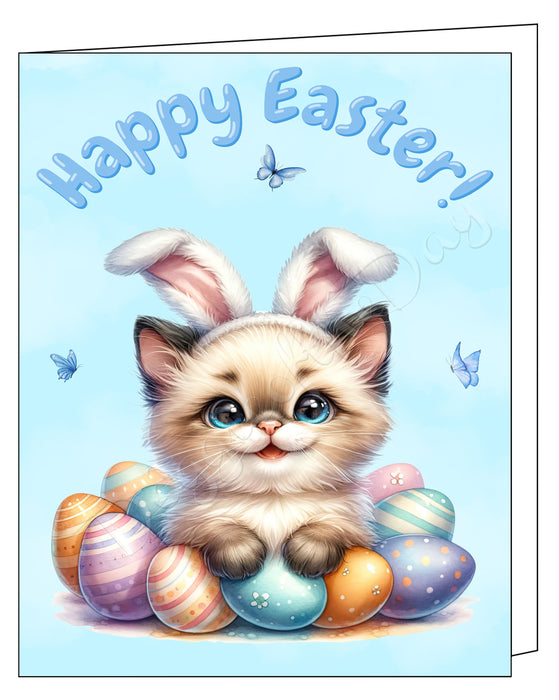 Happy Easter Birman Cat Greeting Cards, Spring Holiday Notecards Blank Inside Envelopes Included, Unique Easter Egg Cards for Cat Lovers