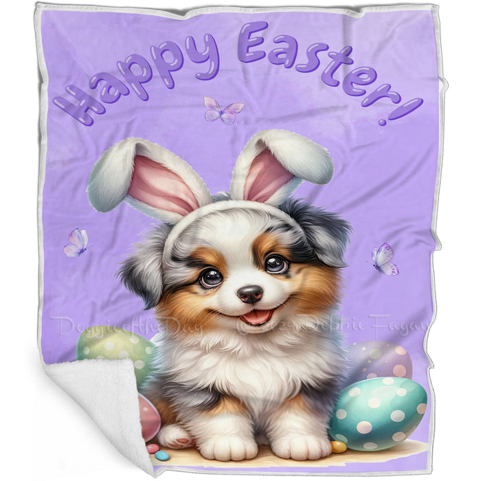 Easter Egg Hunt Border Collie  with Bunny Ears Happy Easter Holiday Blanket, EGHNTBLNKTDG00017