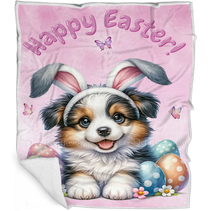 Easter Egg Hunt Border Collie  with Bunny Ears Happy Easter Holiday Blanket, EGHNTBLNKTDG00018