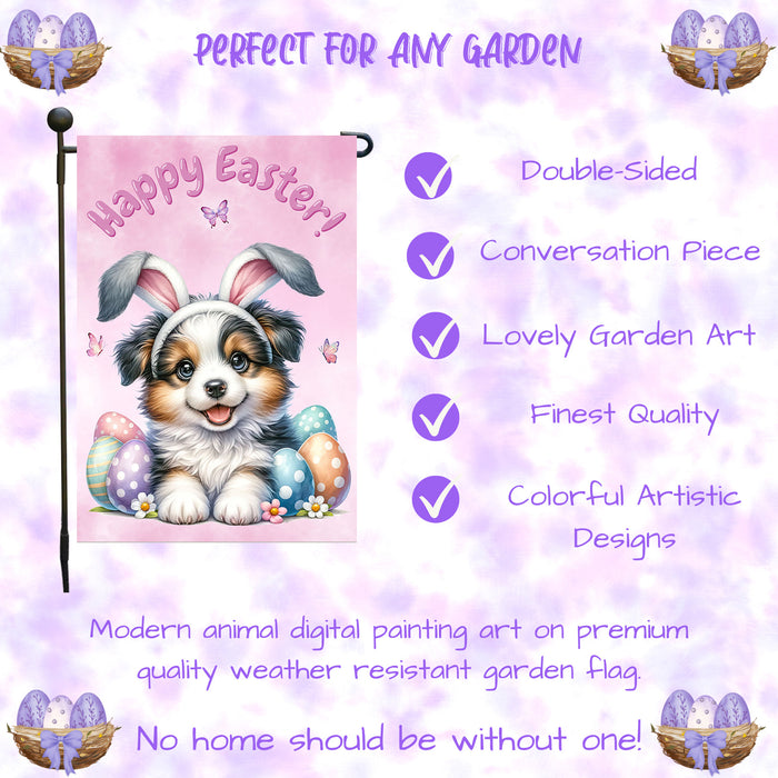 Border Collie Dog Easter Spring Garden Flag Cute Dog Eggs Bunny Ears Porch Décor 12x18 Inch Single Side and Double Sided