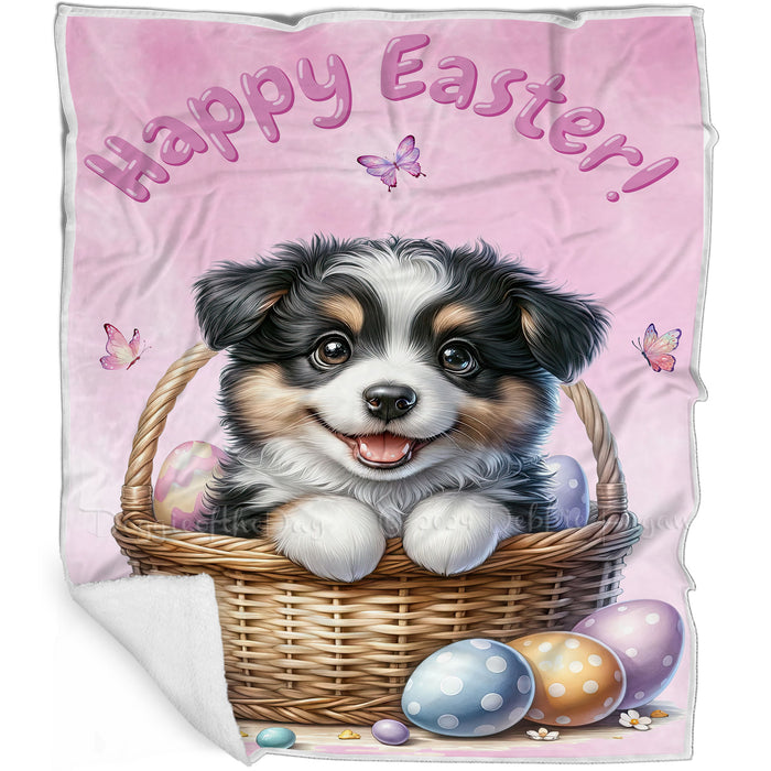 Easter Egg Hunt Border Collie with Bunny Ears Happy Easter Holiday Blanket, EGHNTBLNKTDG00016
