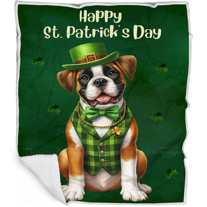 Boxer St. Patrick's Irish Dog Blanket, Irish Woof Warmth, Fleece, Woven, Sherpa Blankets, Puppy with Hats, Gifts for Pet Lovers