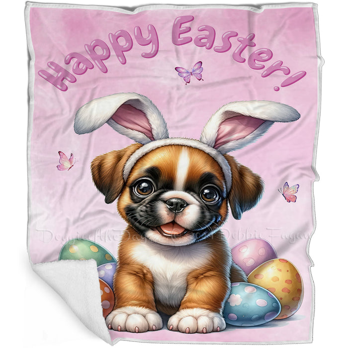 Easter Egg Hunt Boxer with Bunny Ears Happy Easter Holiday Blanket, EGHNTBLNKTDG00019