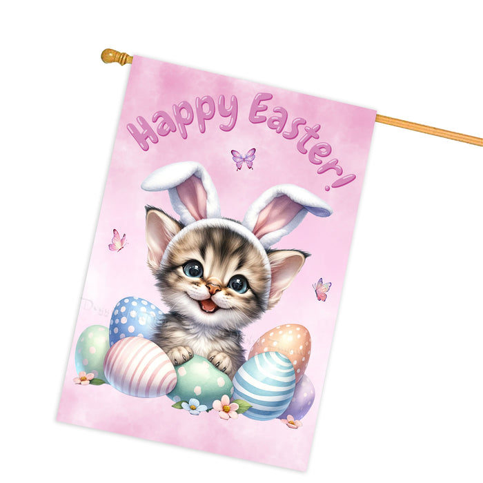 Happy Easter Brown Tabby Cat, Egg Hunt House Flags for Home Decorations - Double Sided Yard Lawn Easter Festival Decorative Gift - Holiday Cats Flag Decor 28"w x 40"h, EGHNT00021
