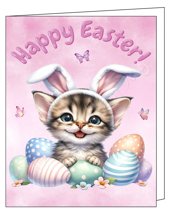 Happy Easter Brown Tabby Cat Greeting Cards, Spring Holiday Notecards Blank Inside Envelopes Included, Unique Easter Egg Cards for Cat Lovers