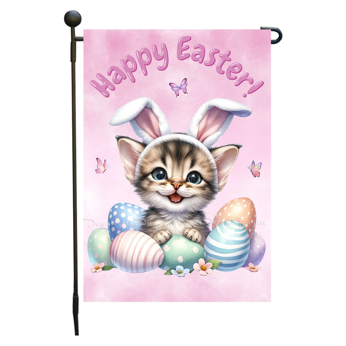 Easter Brown Tabby Cat Garden Flag, Cute Happy Easter, Egg Hunt Basket, Personalized Double Sided Flag Yard Outdoor Decoration, EGHNT00021