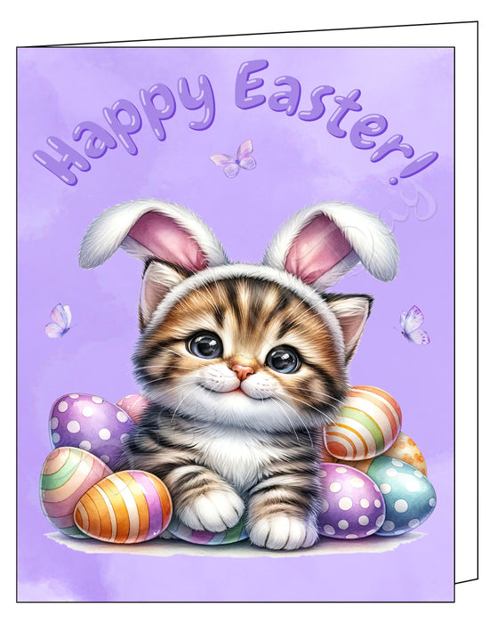 Happy Easter Brown Tabby Cat Greeting Cards, Spring Holiday Notecards Blank Inside Envelopes Included, Unique Easter Egg Cards for Cat Lovers