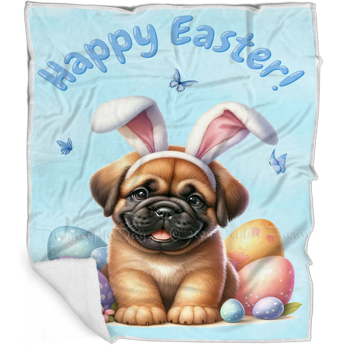 Easter Egg Hunt Bull Mastiff  with Bunny Ears Happy Easter Holiday Blanket, EGHNTBLNKTDG00024