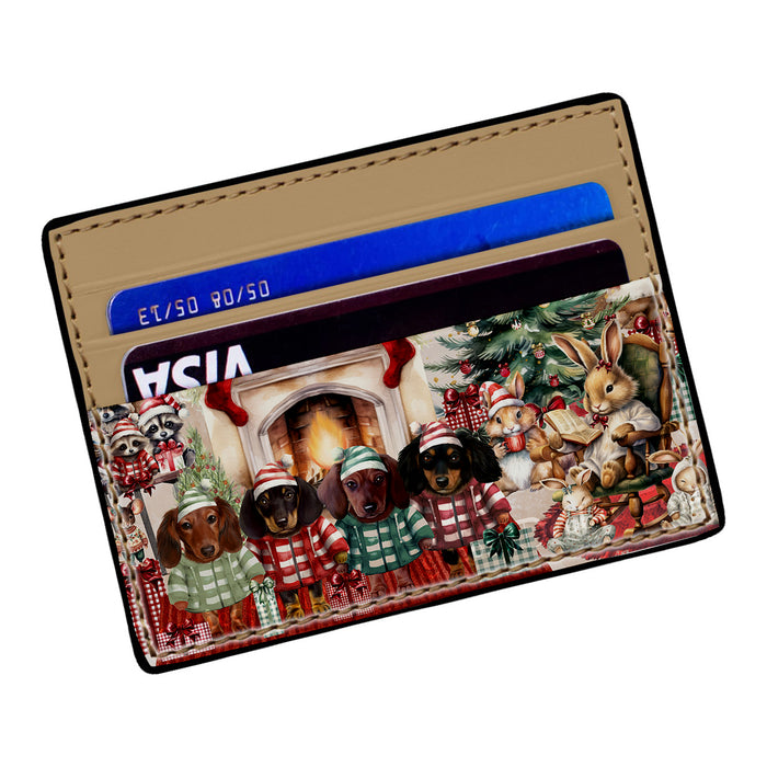 Dachshund Dog Card Holder Mini Wallet, Winter Furry Friends - Khaki