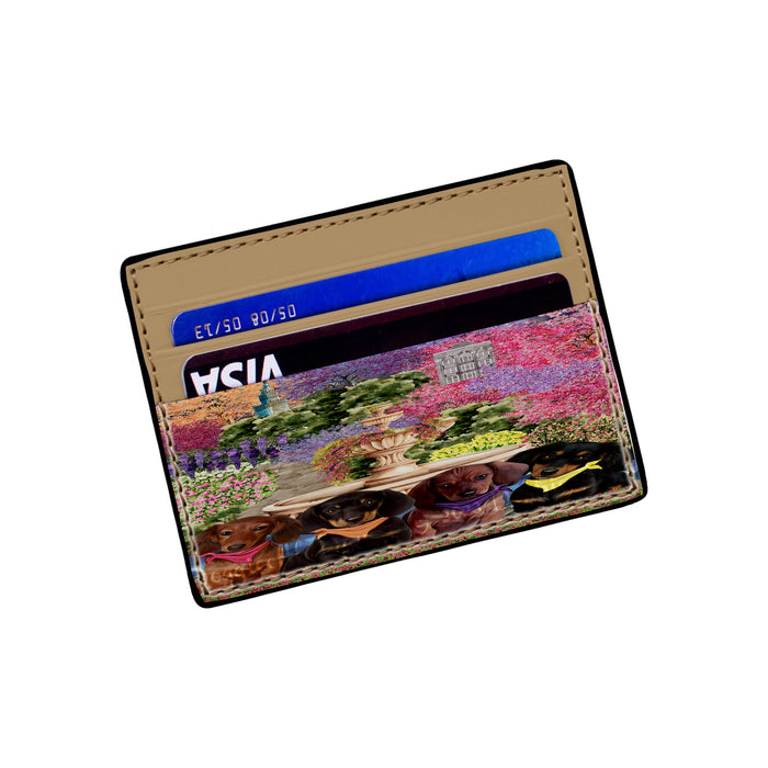 Floral Park Dachshund Dog Card Holder Mini Wallet - Khaki