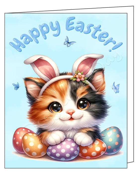 Happy Easter Calico Cat Greeting Cards, Spring Holiday Notecards Blank Inside Envelopes Included, Unique Easter Egg Cards for Cat Lovers
