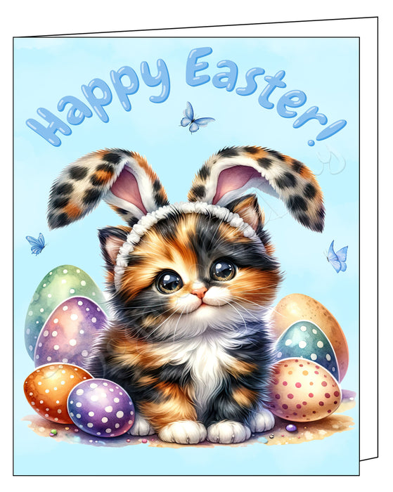 Happy Easter Calico Cat Greeting Cards, Spring Holiday Notecards Blank Inside Envelopes Included, Unique Easter Egg Cards for Cat Lovers