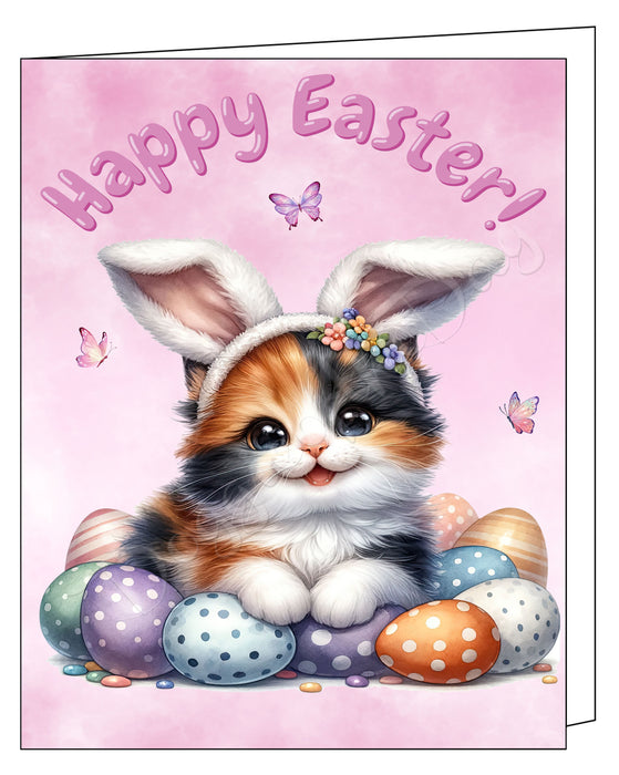 Happy Easter Calico Cat Greeting Cards, Spring Holiday Notecards Blank Inside Envelopes Included, Unique Easter Egg Cards for Cat Lovers