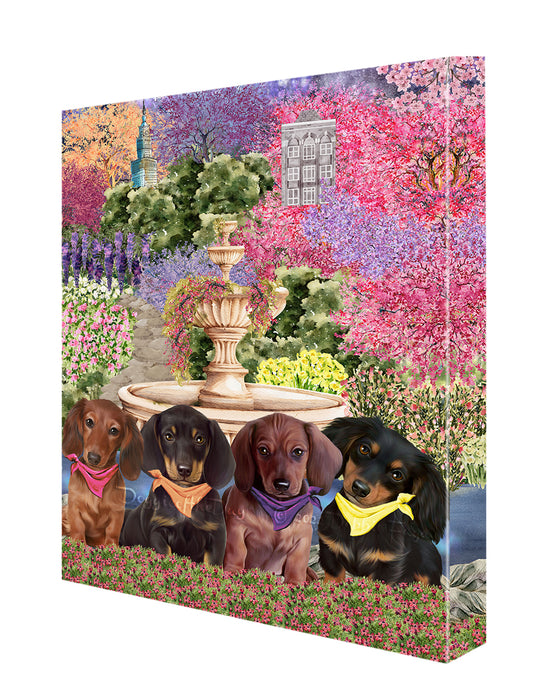 Floral Park Dachshund Dogs Canvas Wall Art - Premium Quality Ready to Hang Room Decor Wall Art Canvas - Unique Animal Printed Digital Painting for Decoration