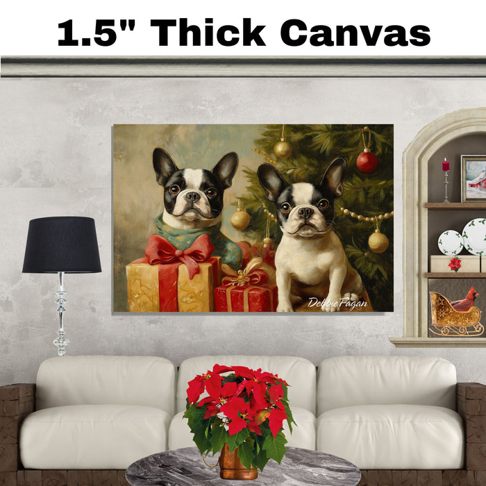 Christmas Canvas  - "Frenchie Festive Cheer" - French Bulldogs with Vintage Christmas Tree and Presents on Ready to Hang 1.5" Thick Canvas Wrap, Floating Framed Canvas, Flat Rolled Canvas