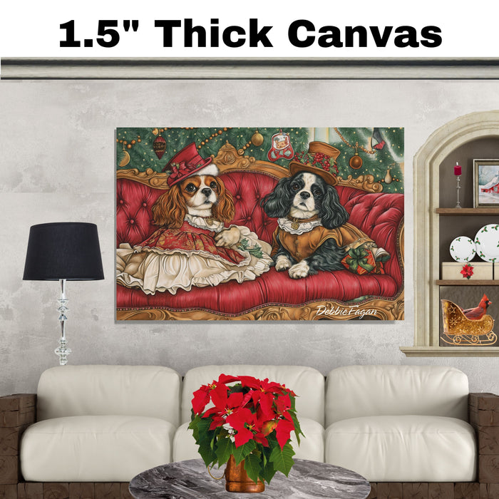 ÒRoyal CompanionsÓ - Cavalier King Charles Spaniels Dressed in Elegant Victorian Attire on Cozy Couch on Ready to Hang 1.5" Thick Canvas Wrap, Floating Framed Canvas, Flat Rolled Canvas