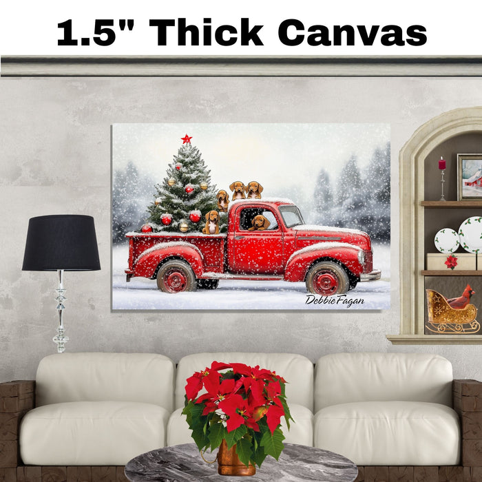 Vizsla Christmas Canvas - "Holiday Journey with Vizslas" - Puppies in a Festive Red Truck Canvas on Ready to Hang 1.5" Thick Canvas Wrap, Floating Framed Canvas, Flat Rolled Canvas