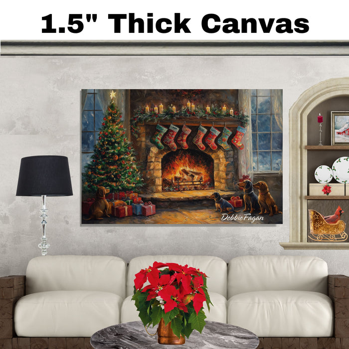 Dachshund Christmas Canvas - "Doxie Fireside Dreams" - Wiener Dogs by a Crackling Fireplace During a Winter Storm on Ready to Hang 1.5" Thick Canvas Wrap, Floating Framed Canvas, Flat Rolled Canvas