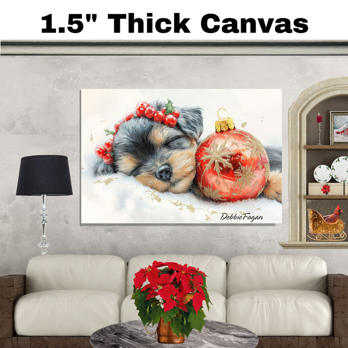 Schnauzer Christmas Canvas - "Silent Night Snooze" - Cozy Puppy Nestled Beside Christmas Ornament on Ready to Hang 1.5" Thick Canvas Wrap, Floating Framed Canvas, Flat Rolled Canvas