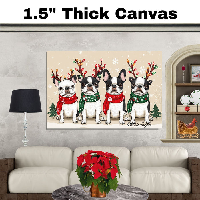 French Bulldogs Christmas Canvas - "Frenchie Frost" - with Festive Antlers in Winter Snow on Ready to Hang 1.5" Thick Canvas Wrap, Floating Framed Canvas, Flat Rolled Canvas