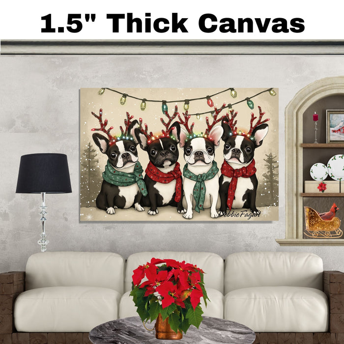 French Bulldogs Christmas Canvas - "Frenchie Bliss" - Wearing Colorful Bulb Reindeer Antlers on Snowy Background on Ready to Hang 1.5" Thick Canvas Wrap, Floating Framed Canvas, Flat Rolled Canvas