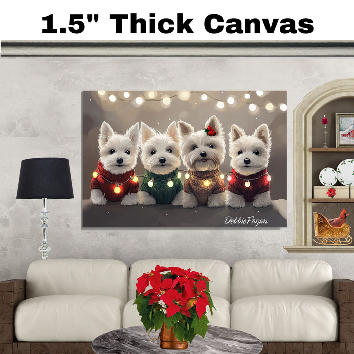 "Westie Winter Glow" - West Highland Terriers in Festive Sweaters and Christmas Lights on Snowy Background on Ready to Hang 1.5" Thick Canvas Wrap, Floating Framed Canvas, Flat Rolled Canvas