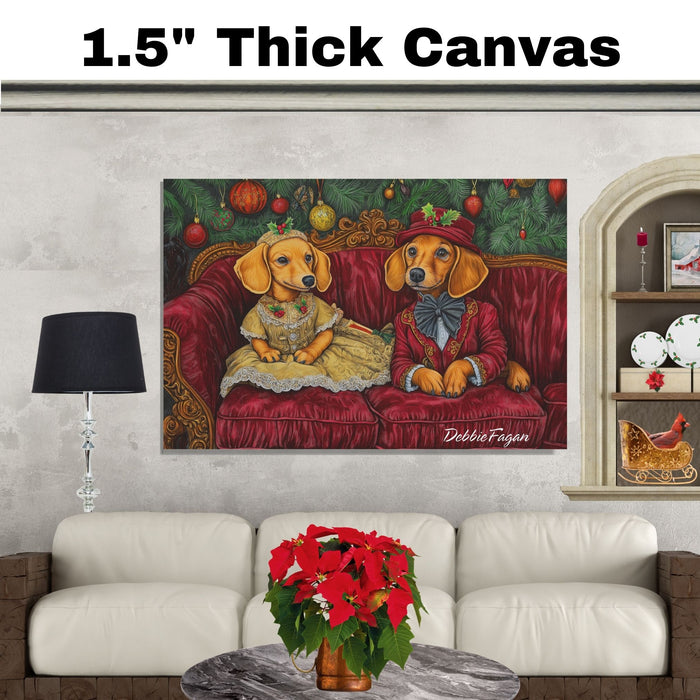 Dachshund Christmas Canvas - "Dapper Wiener: Victorian Elegance" - Charming Doxie Dogs Dressed in Period Clothing on Ready to Hang 1.5" Thick Canvas Wrap, Floating Framed Canvas, Flat Rolled Canvas