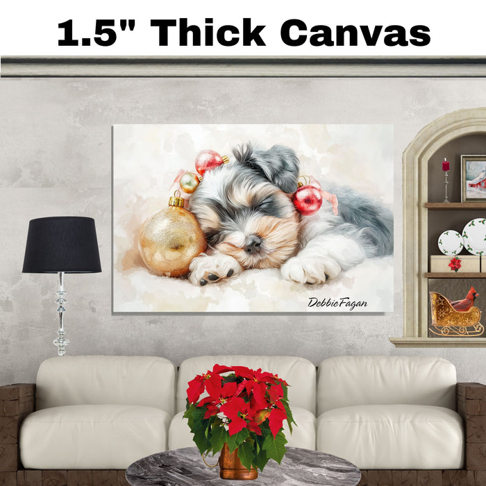 Schnauzer Christmas Canvas - "Holiday Slumber" - Adorable Puppy Snuggled Beside Festive Ornament on Ready to Hang 1.5" Thick Canvas Wrap, Floating Framed Canvas, Flat Rolled Canvas