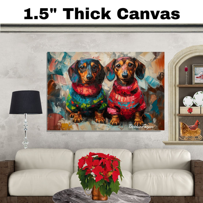 Dachshund Christmas Canvas - "Wiener Doxie Duo Charm" - Cozy Sweater Pair on Abstract Oil-Style Background on Ready to Hang 1.5" Thick Canvas Wrap, Floating Framed Canvas, Flat Rolled Canvas