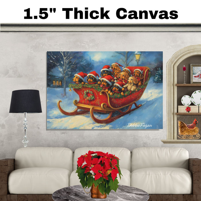 Doxie Christmas Canvas  - "Dashing Through the Snow" - Dachshund Puppies in Santa Hats Sleighing Adventure on Ready to Hang 1.5" Thick Canvas Wrap, Floating Framed Canvas, Flat Rolled Canvas