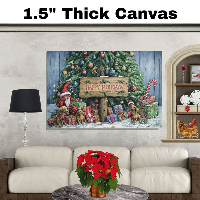 Dog Christmas Canvas - "Holiday Paws" - Adorable Puppies with Elf Hats and Presents Beneath the Christmas Tree on Ready to Hang 1.5" Thick Canvas Wrap, Floating Framed Canvas, Flat Rolled Canvas