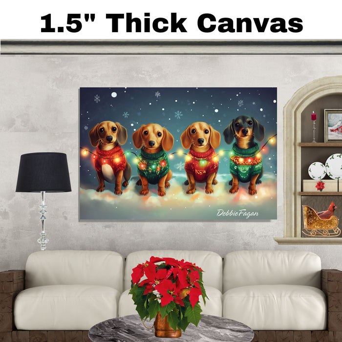 "Dachshund Merriment" - Cozy Doxies in Festive Sweaters & Twinkling Holiday Lights in Winter Wonderland on Ready to Hang 1.5" Thick Canvas Wrap, Floating Framed Canvas, Flat Rolled Canvas