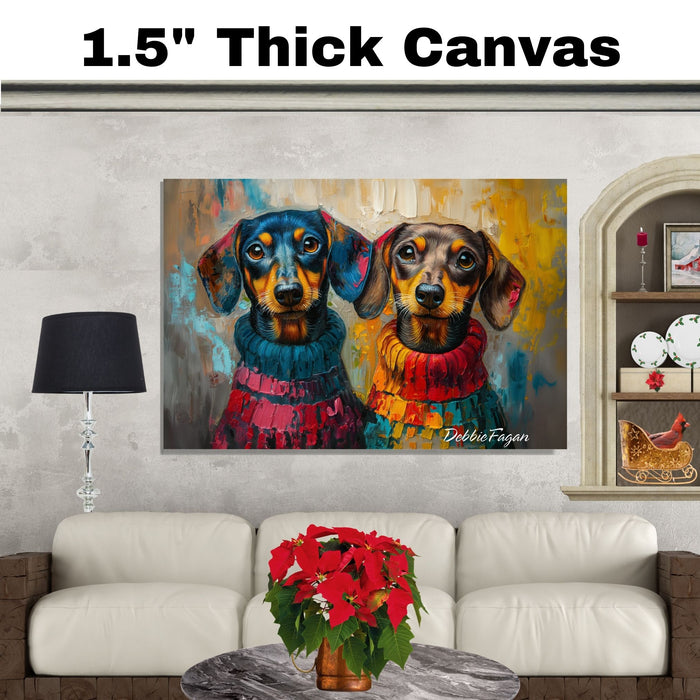 Dachshund Christmas Canvas - "Dapper Doxies" - Cute Colorful Wieners in Cozy Sweaters on Ready to Hang 1.5" Thick Canvas Wrap, Floating Framed Canvas, Flat Rolled Canvas